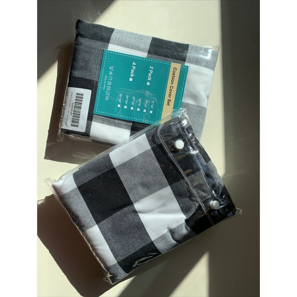 Four (4) Buffalo Check Plaid Throw Pillow Covers 24” black/white Cottagecore NWT